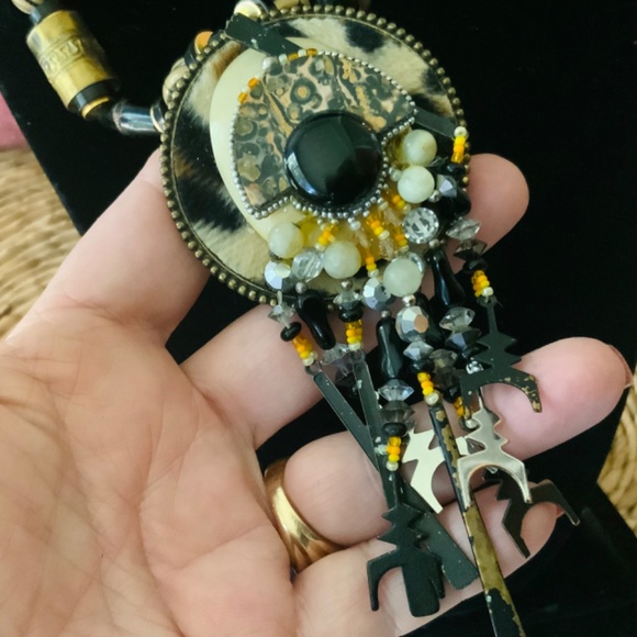 HANDMADE VINTAGE PENDANT STATEMENT NECKLACE Onyx/LEOPARD STONE VINTAGE BRASS - Picture 10 of 11